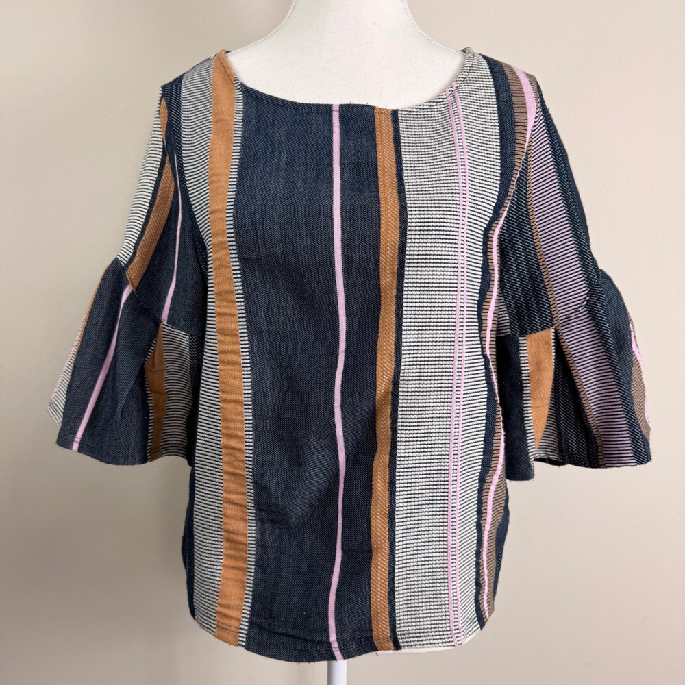 Dolan Left Coast Collection Womens Small Striped Bell Sleeve Boat Neck Top Navy